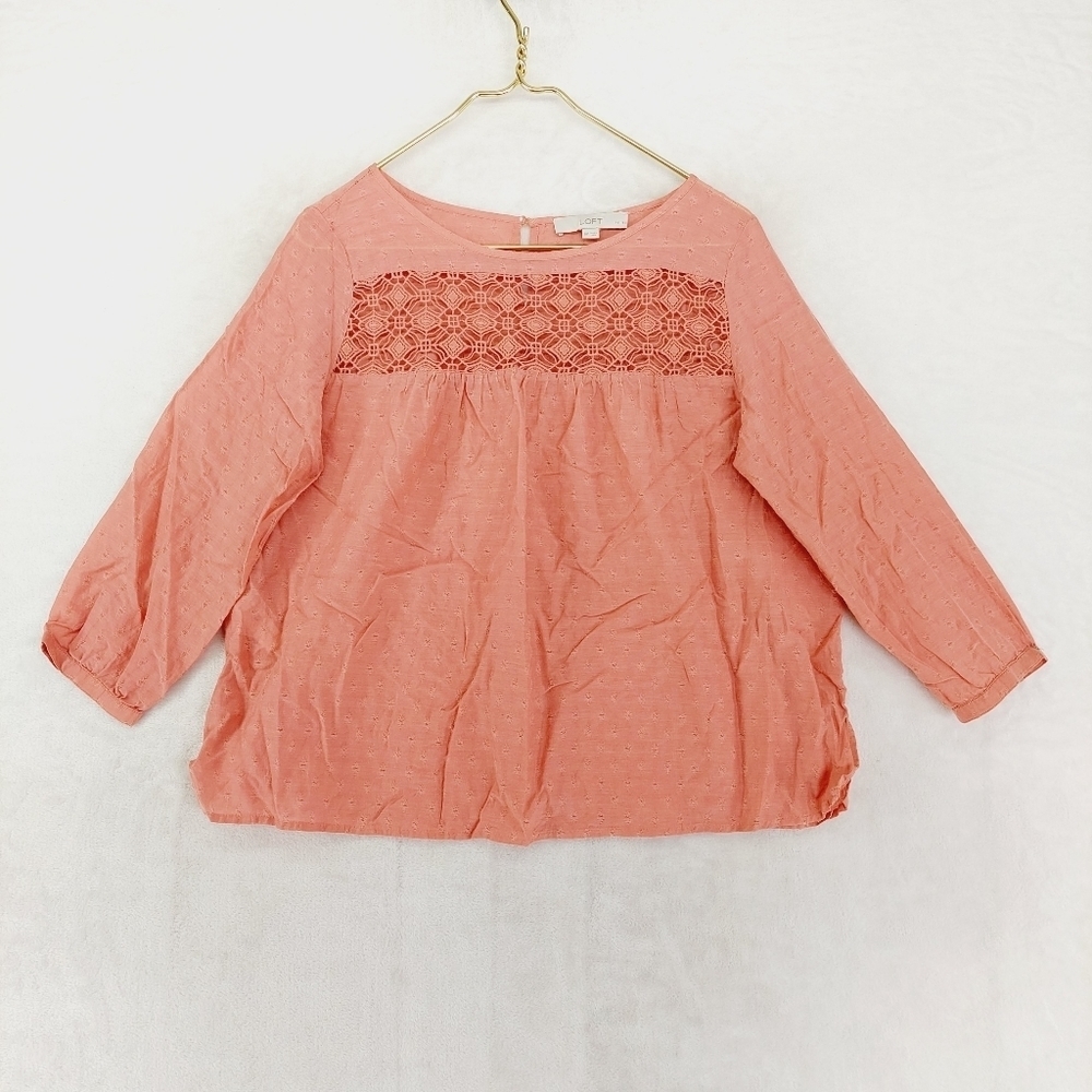 LOFT Women's Light Pink Long Sleeve Boat Neck Loose Fit Peasant Blouse 6244